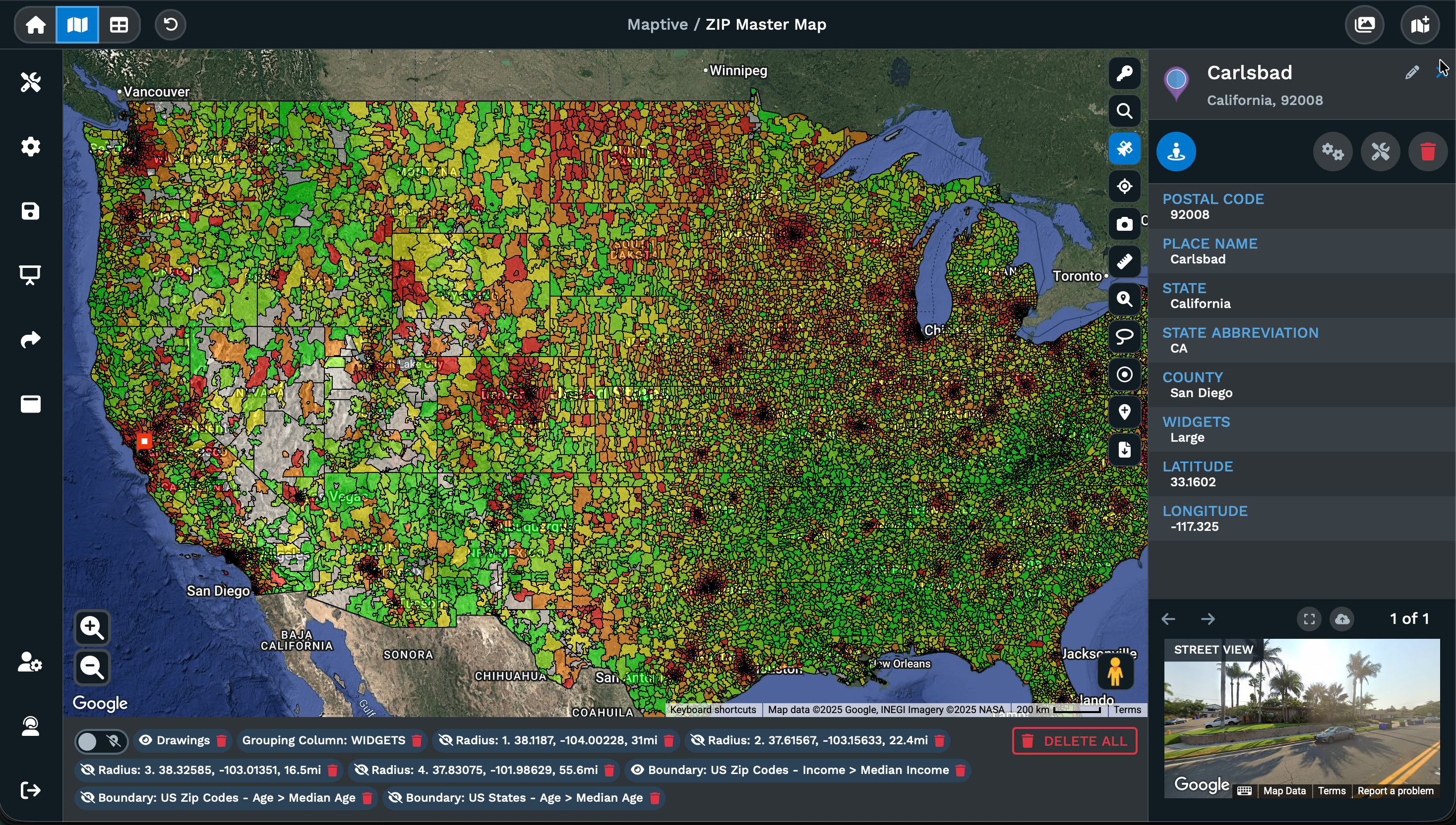 Maptive ZIP Code Master Map showing choropleth visualization across the United States